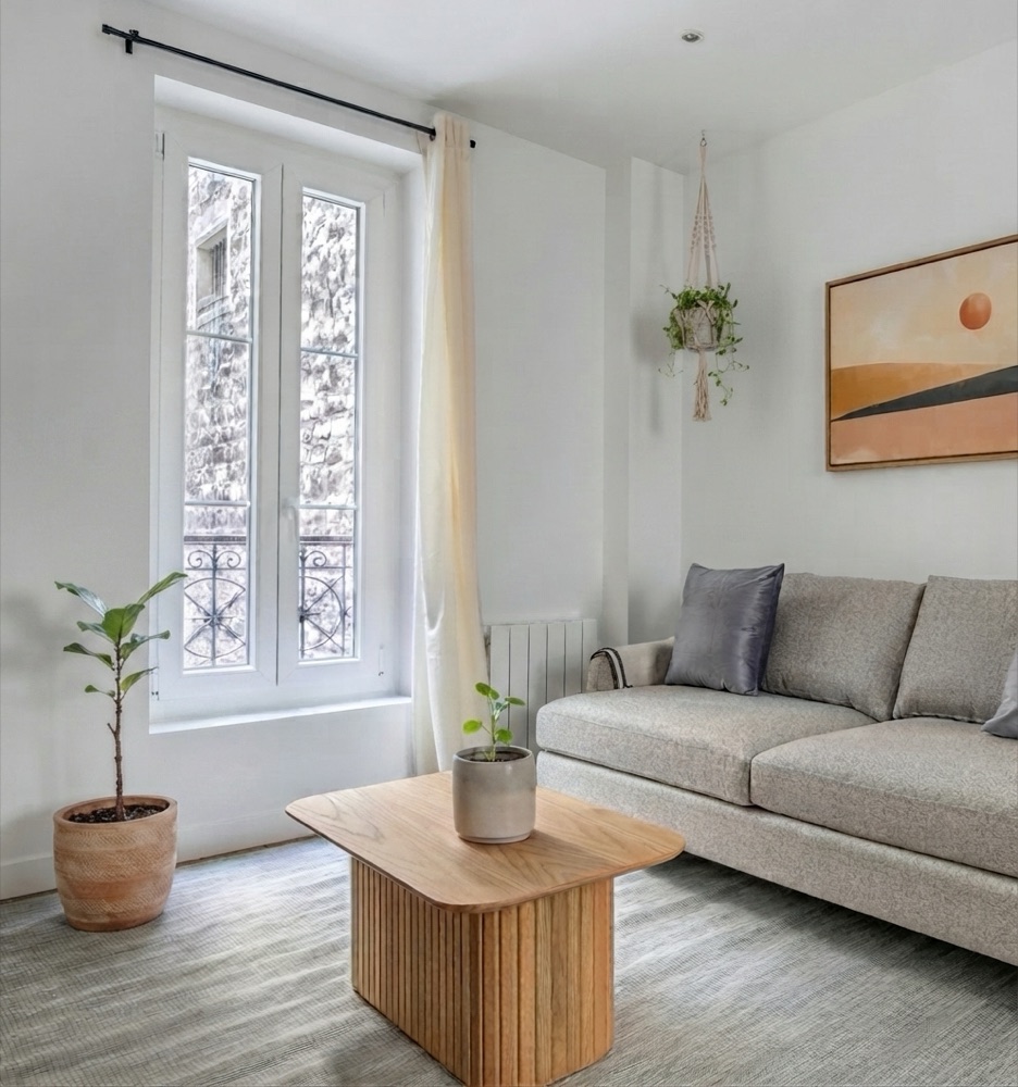 The same room with three young plants placed in the found spots